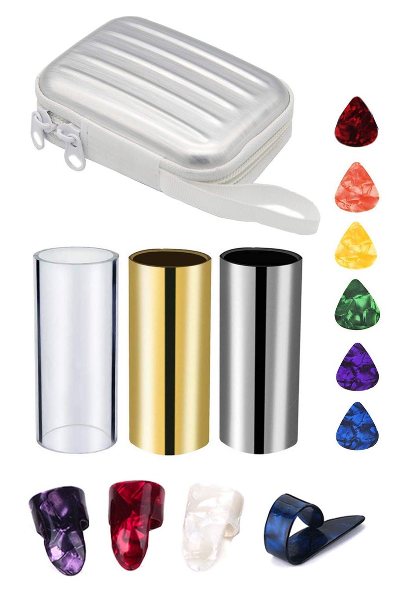 SUNLP 3 Pieces Medium Guitar Slides (Include 2 Colors Stainless Steel, 1 Pieces Glass), 6 Pieces Guitar Picks and 4 Pieces Plastic Thumb & Finger Picks in Zipper box - Image 2